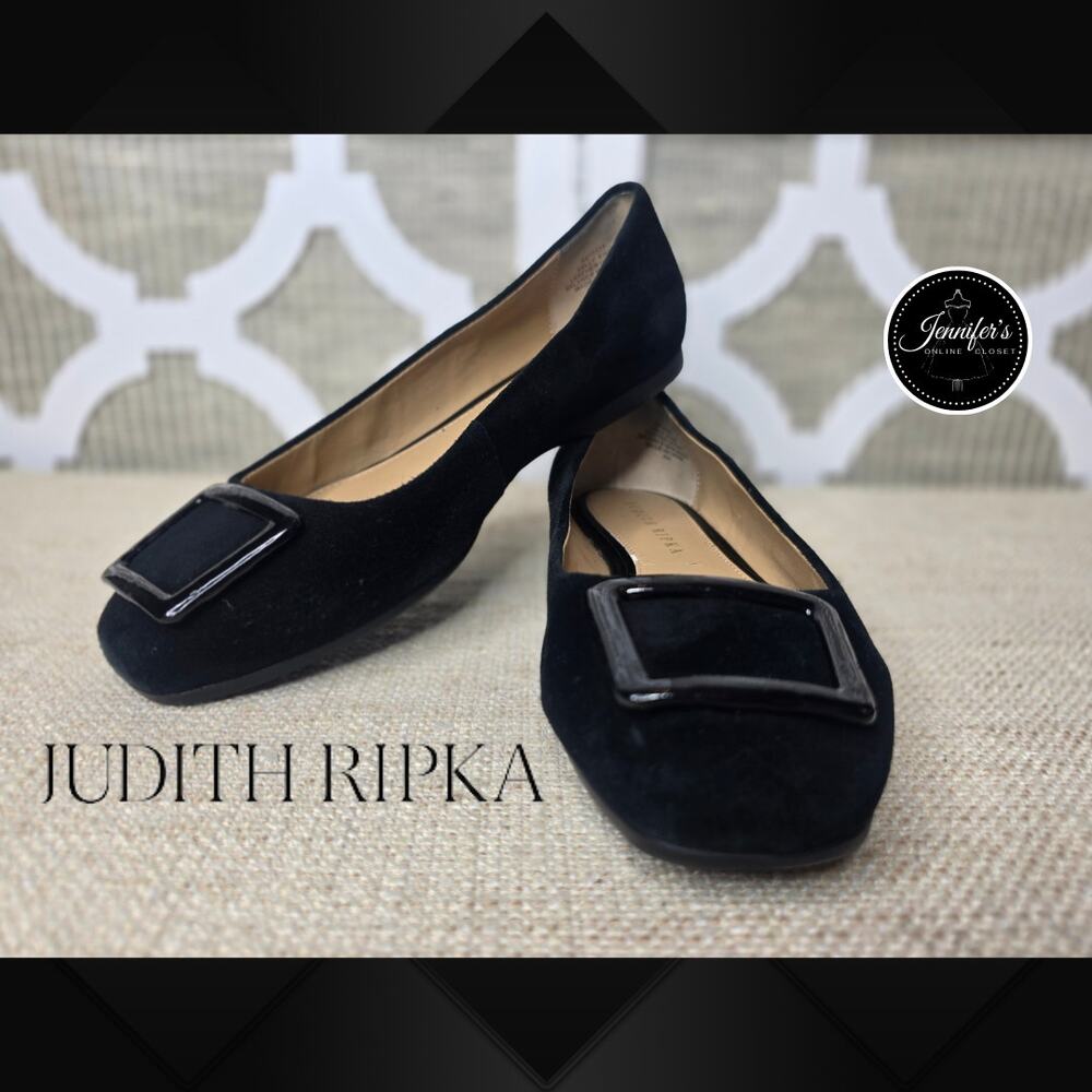 Judith Ripka Black Sally Suede Buckle Detail Ballet Flats Size 6.5W